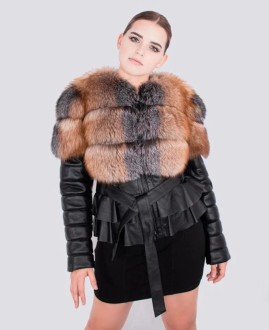 Leather jacket made of natural wolf or fox fur